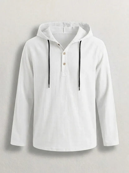 Mens hoodies long sleeve pullover with button placket and drawstring hood