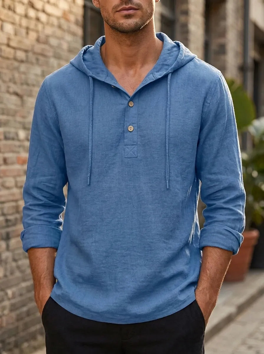 Mens hoodies long sleeve pullover with button placket and drawstring hood