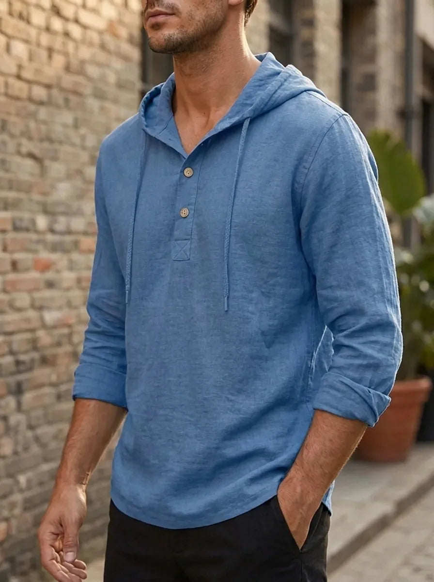 Mens hoodies long sleeve pullover with button placket and drawstring hood
