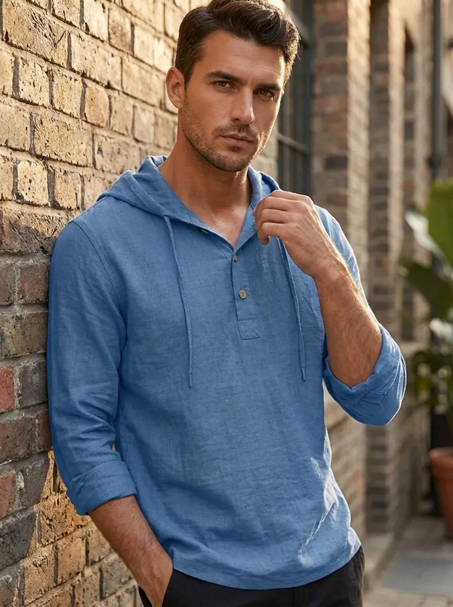 Mens hoodies long sleeve pullover with button placket and drawstring hood
