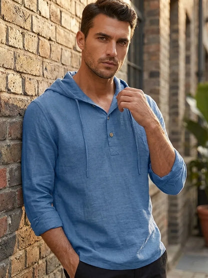 Mens hoodies long sleeve pullover with button placket and drawstring hood