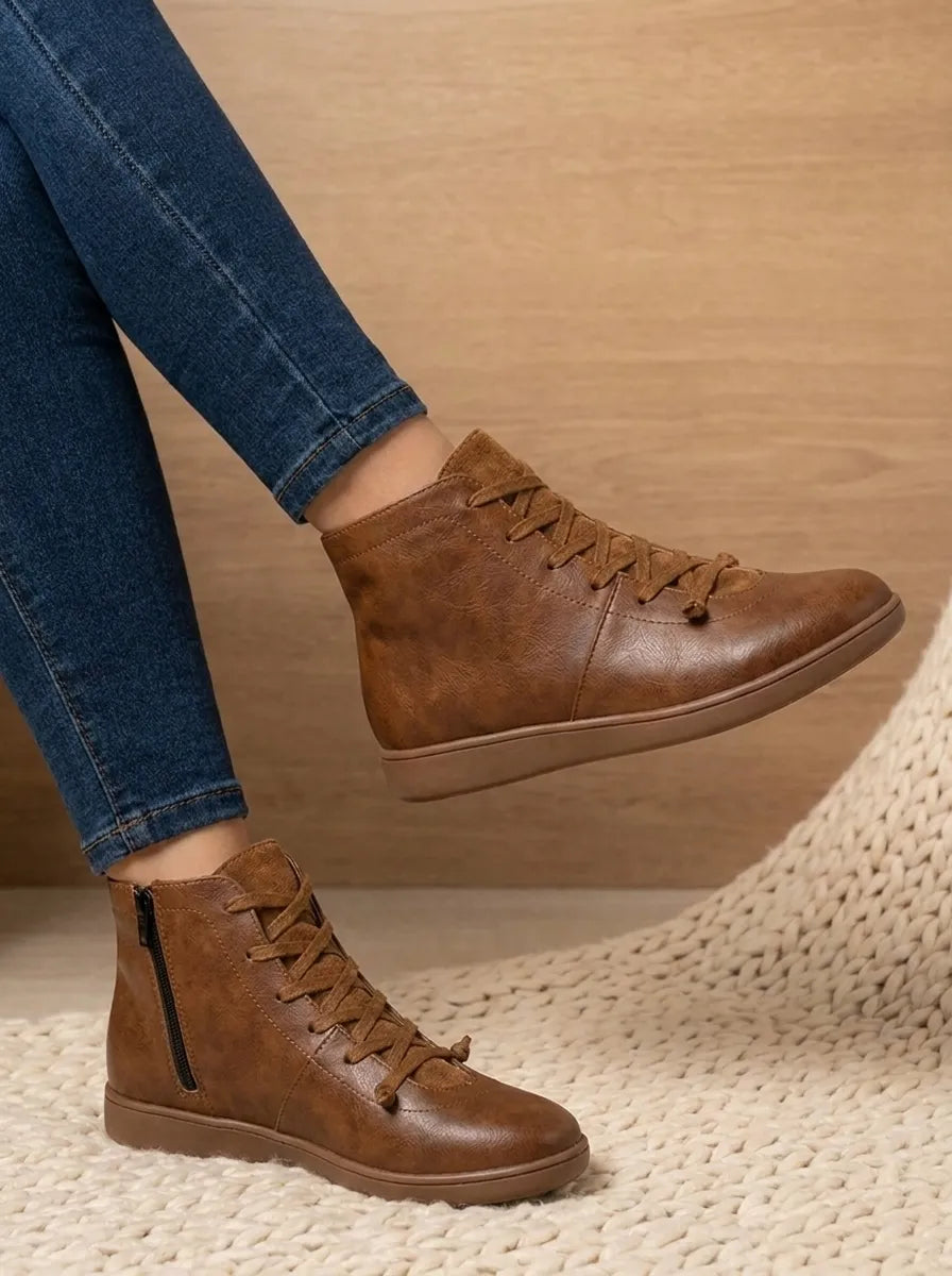 Chelsea boots for women with side zip and lace up front, flat sole