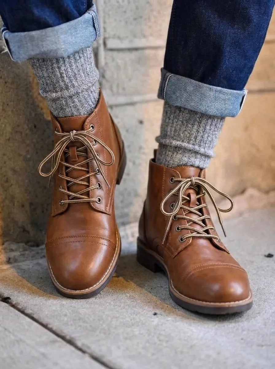 Men's boots, lace up ankle boots with cap toe and low heel