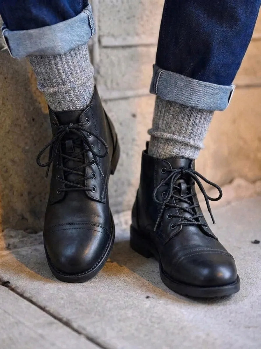 Men's boots, lace up ankle boots with cap toe and low heel