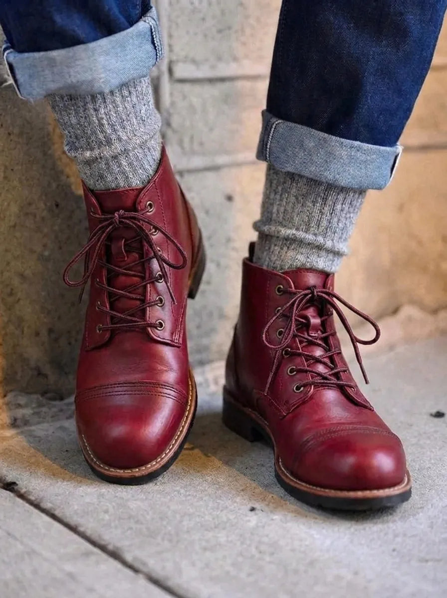 Men's boots, lace up ankle boots with cap toe and low heel
