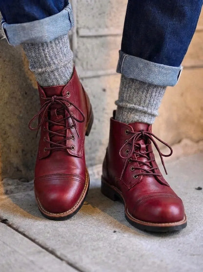 Men's boots, lace up ankle boots with cap toe and low heel