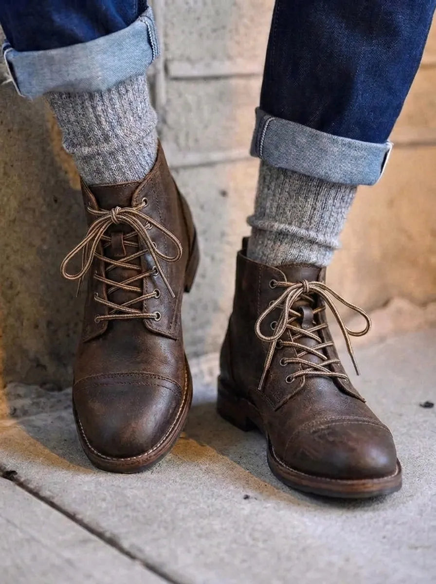 Men's boots, lace up ankle boots with cap toe and low heel