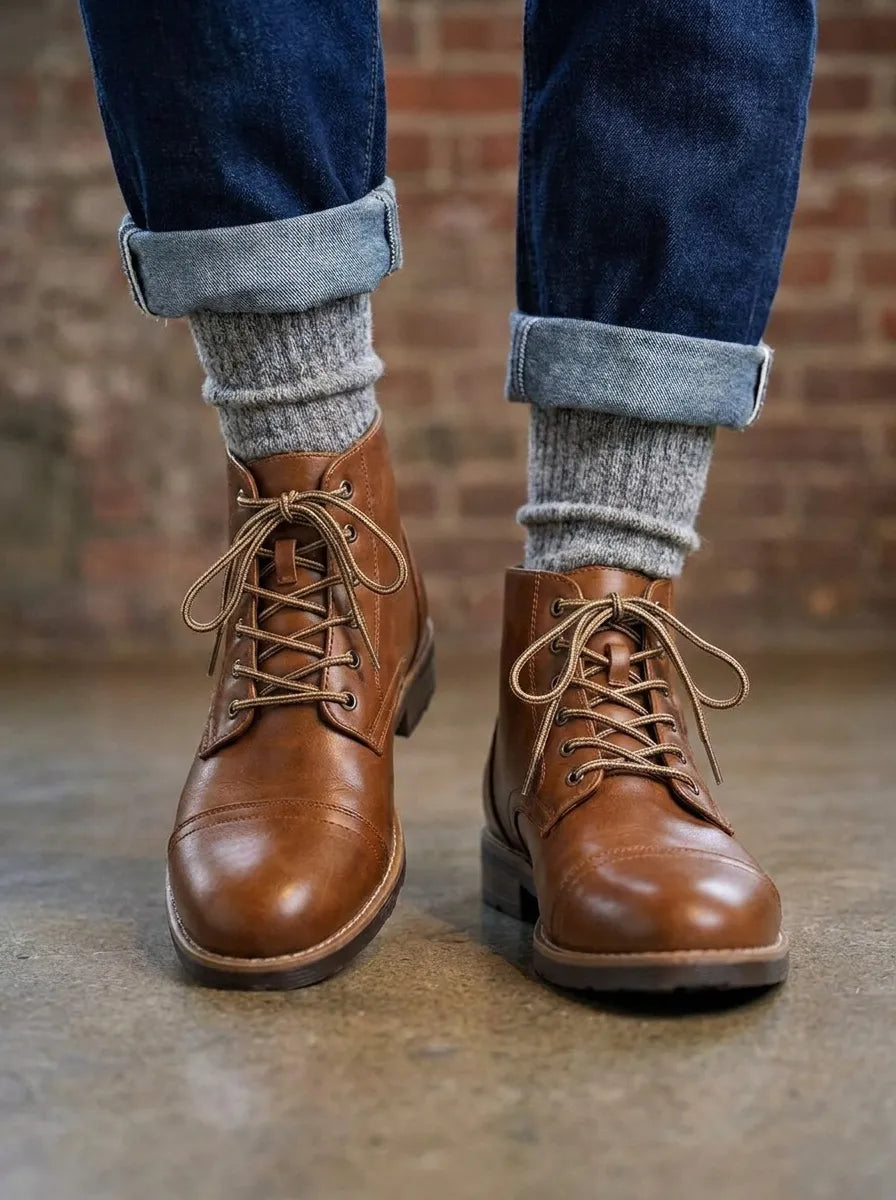 Men's boots, lace up ankle boots with cap toe and low heel