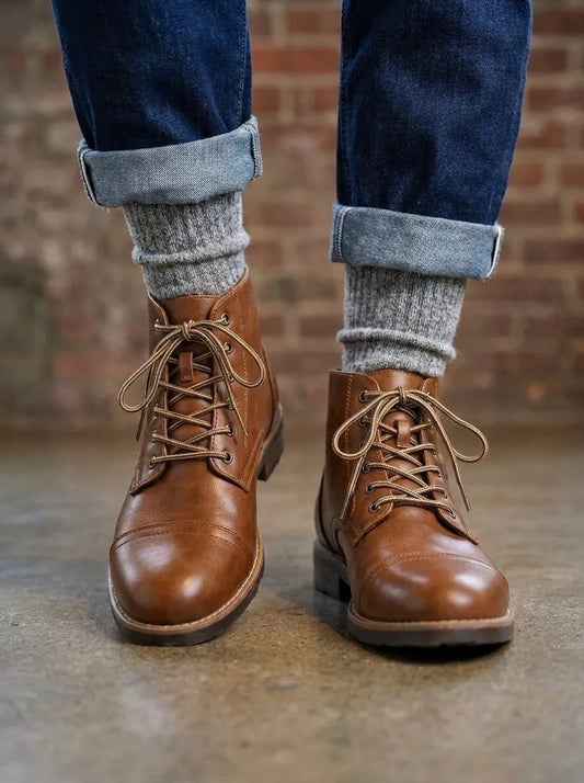 Men's boots, lace up ankle boots with cap toe and low heel
