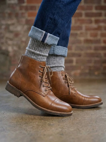 Men's boots, lace up ankle boots with cap toe and low heel