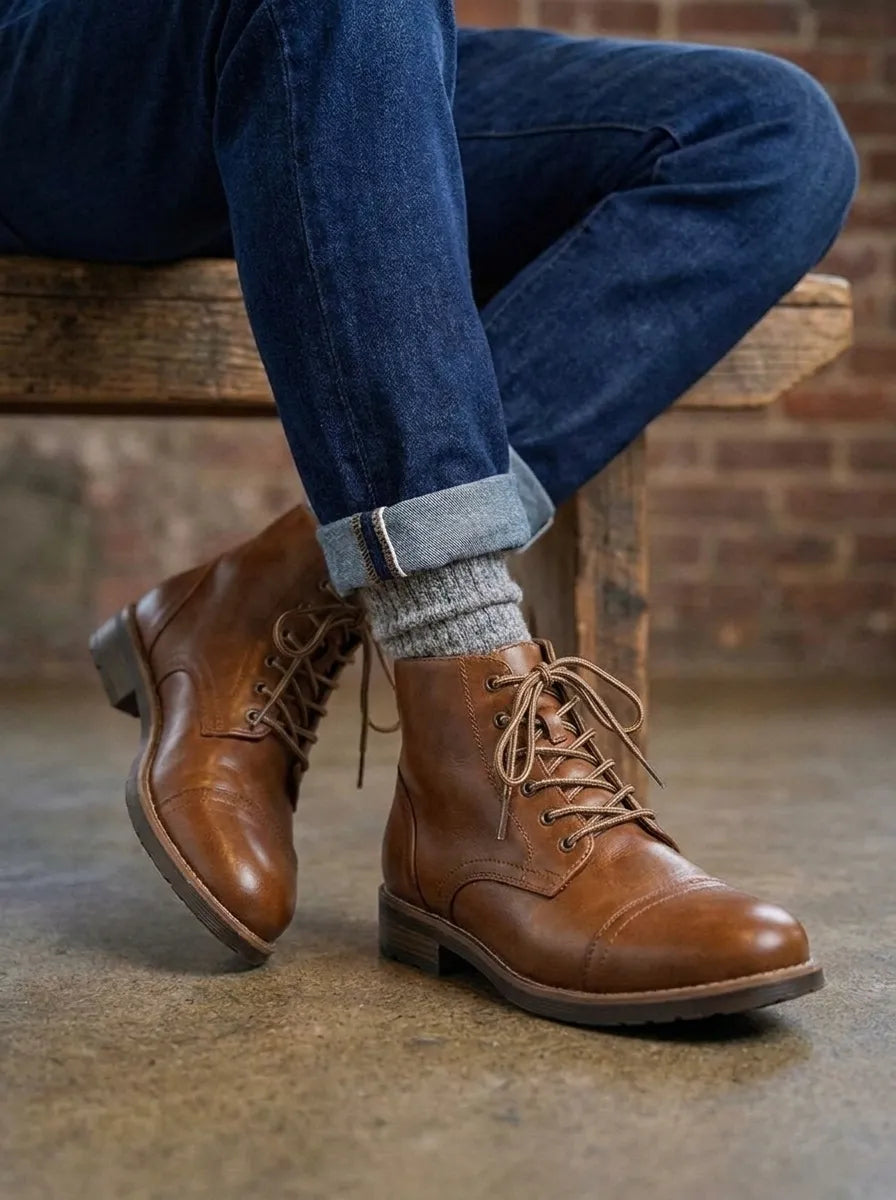 Men's boots, lace up ankle boots with cap toe and low heel
