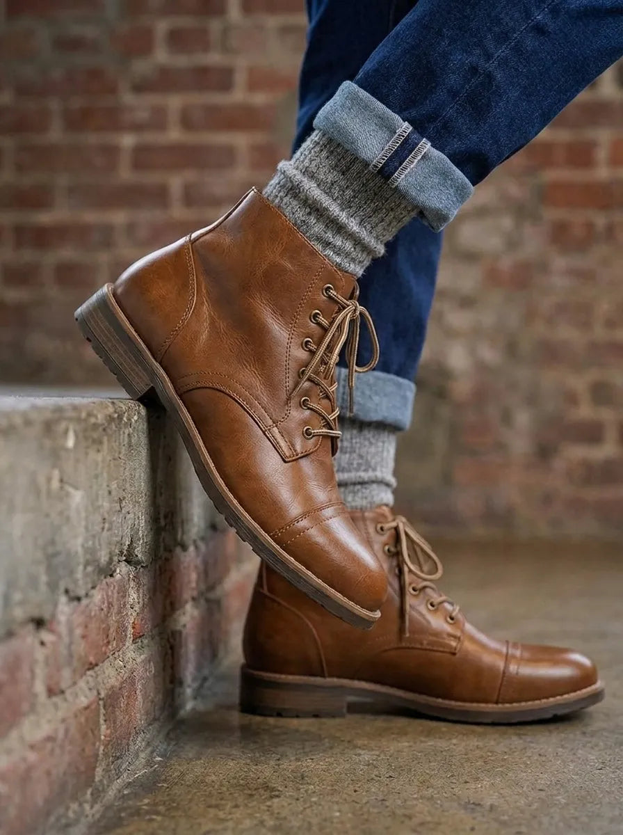 Men's boots, lace up ankle boots with cap toe and low heel