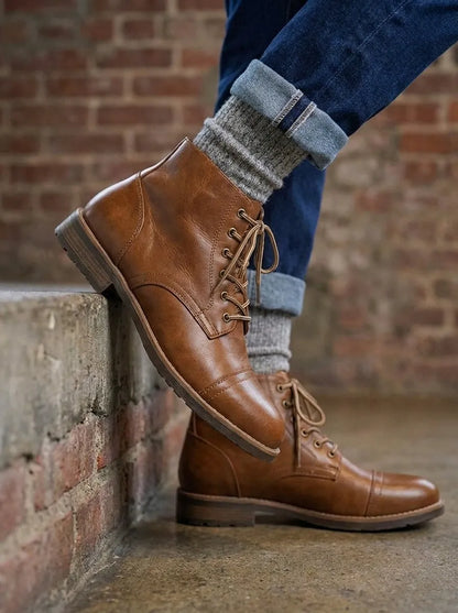 Men's boots, lace up ankle boots with cap toe and low heel