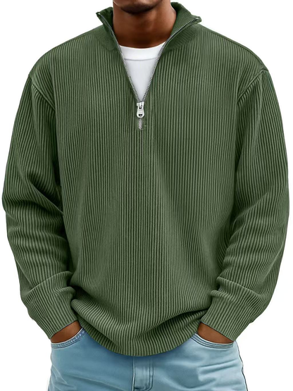 Quarter zip sweater for men with ribbed knit and stand collar