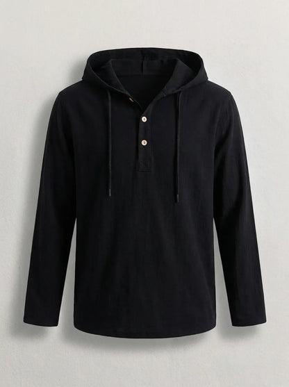 Mens hoodies long sleeve pullover with button placket and drawstring hood