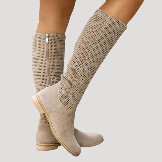 Knee high boots for women with side zip and low heel