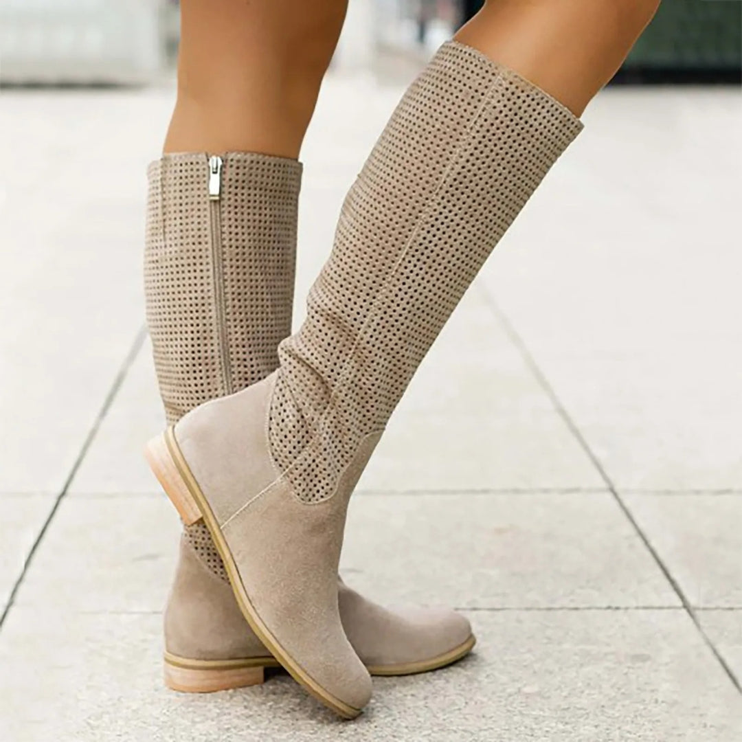 Knee high boots for women with side zip and low heel