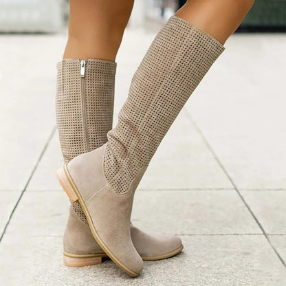 Knee high boots for women with side zip and low heel