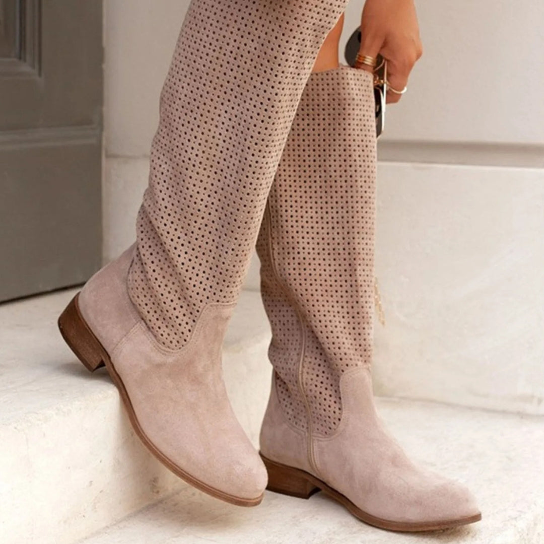 Knee high boots for women with side zip and low heel