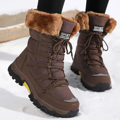 Snow boots for women, mid calf lace up winter boots with lug sole
