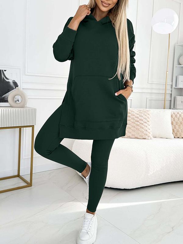 Hoodies and leggings set for women with kangaroo pocket and side slits