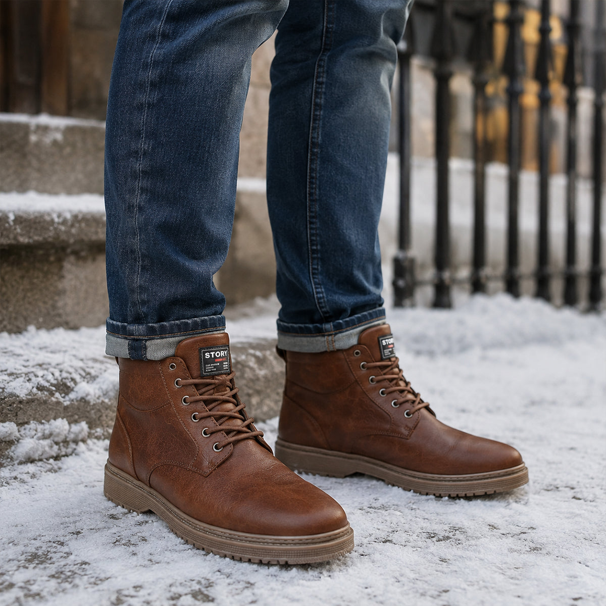 Men's boots with round toe, lace up front and contrast stitching