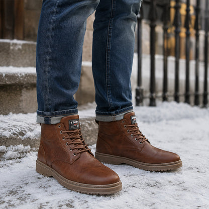Men's boots with round toe, lace up front and contrast stitching