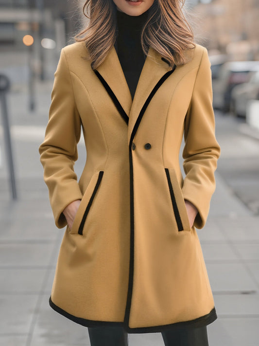 Double breasted coat for women with contrast trim and lapel collar