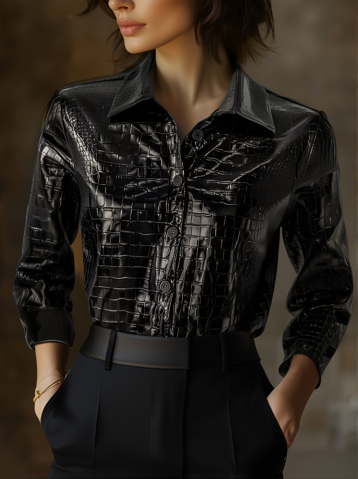 Button down shirts for women with croc embossed print and collar