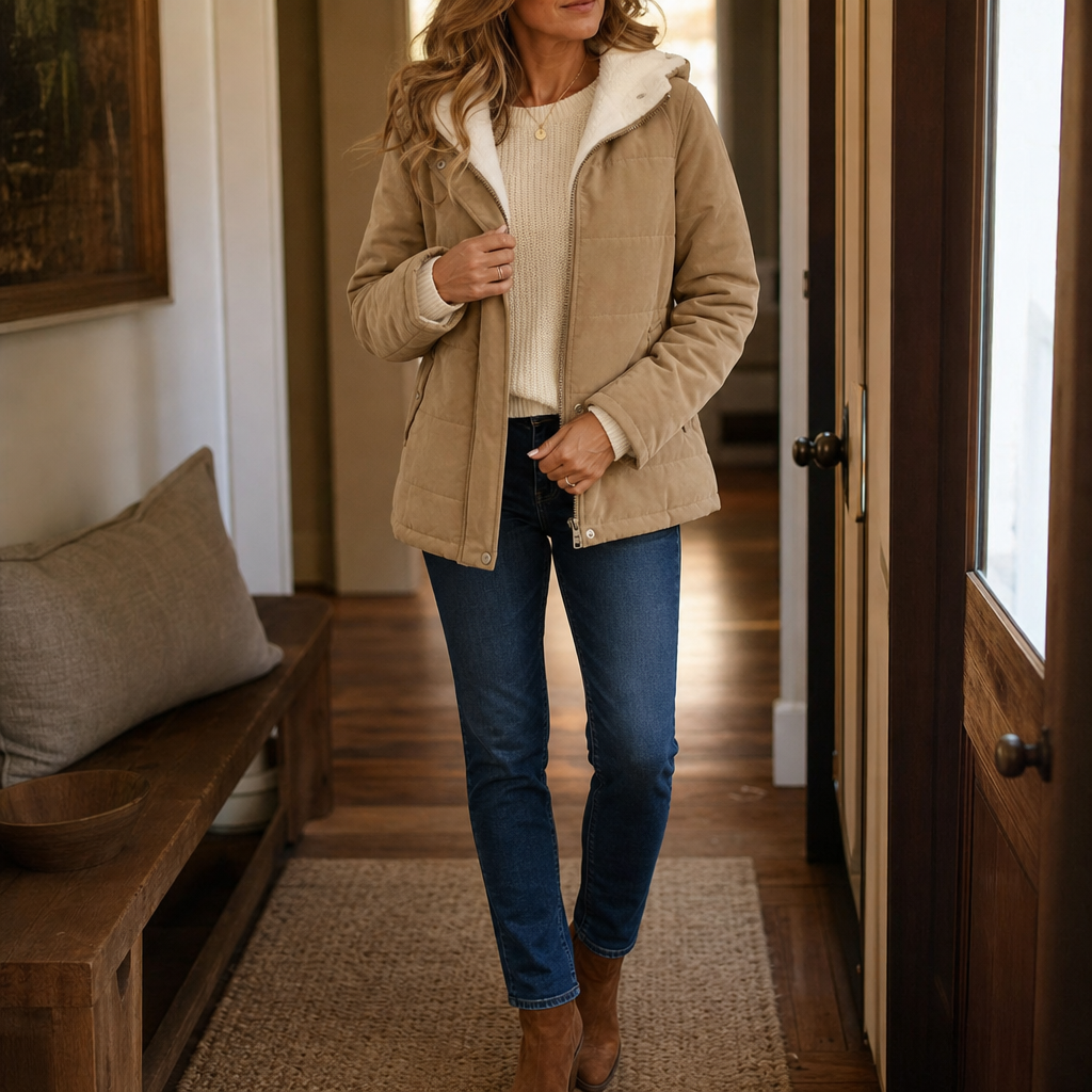 Hooded puffer jacket for women with zip front and fleece lined hood