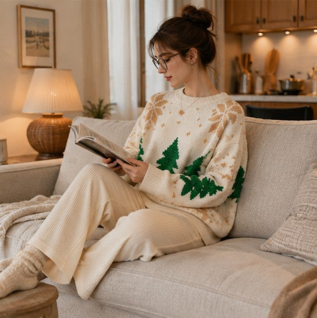 Womens christmas sweater with crew neck and snowflake pattern, oversized fit