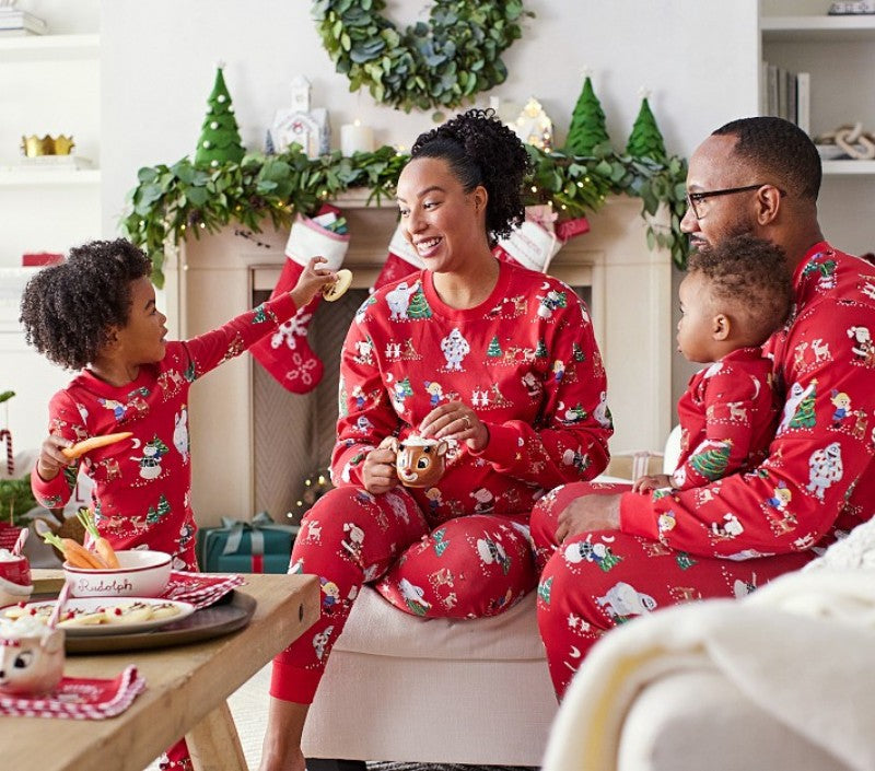 Christmas pajamas matching family set with snowman print and cuffed hems