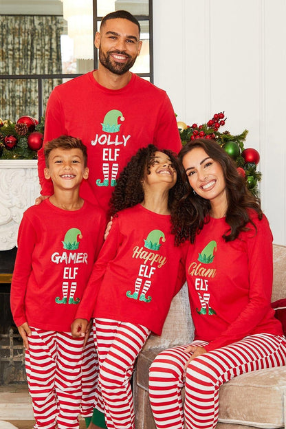 Christmas pajamas matching family set with elf print and striped pants
