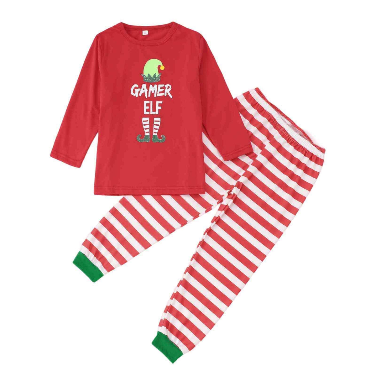 Christmas pajamas matching family set with elf print and striped pants