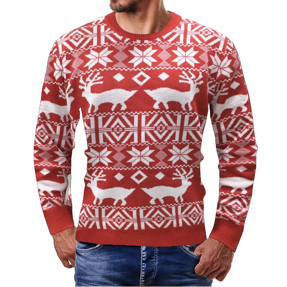 Ugly christmas sweater for men with crew neck and reindeer pattern