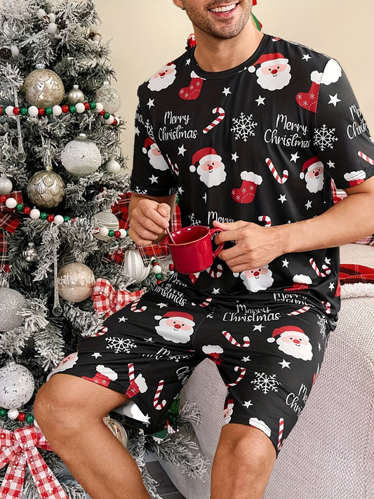 Men's christmas pajamas short sleeve set with Santa print
