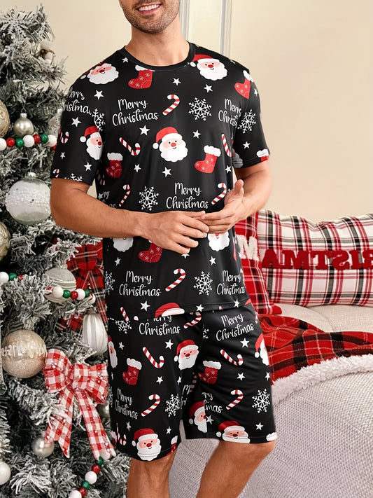 Men's christmas pajamas short sleeve set with Santa print