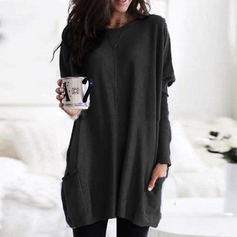 Sweater dress for women with front patch pockets, oversized fit and crew neck