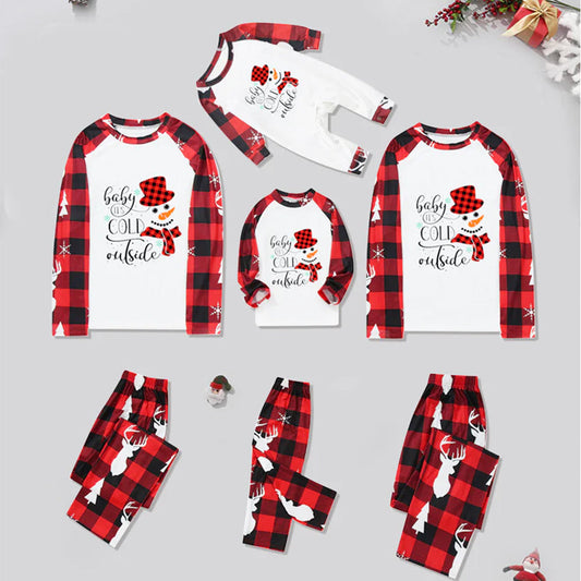 Christmas pajamas matching family set with snowman print and plaid pants