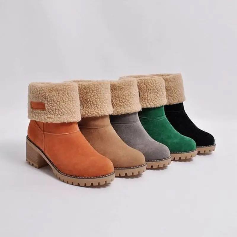 Women's winter boots with chunky block heel and fold over cuff