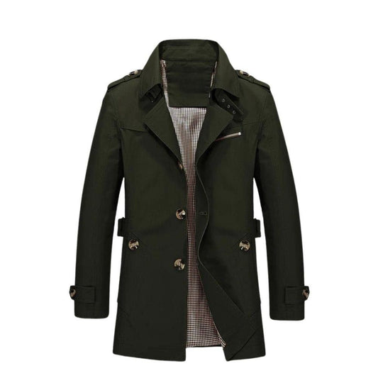 Mid length trench coat for men with lapel collar and button front