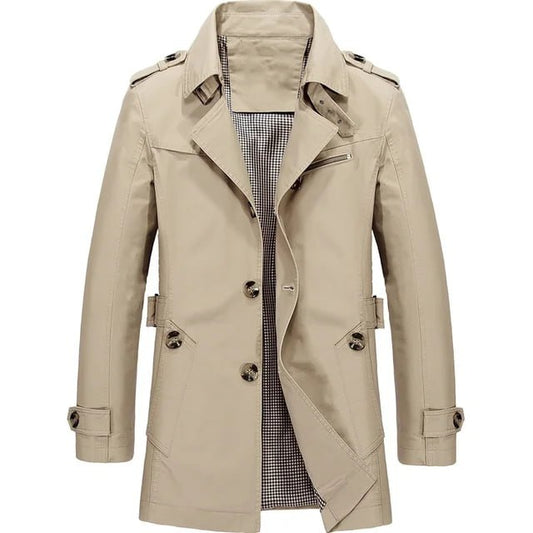 Mid length trench coat for men with lapel collar and button front