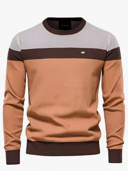 Crew neck sweater for men with colour block design and ribbed trim