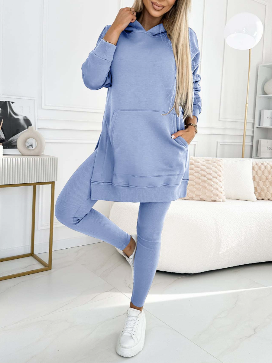 Hoodies and leggings set for women with kangaroo pocket and side slits