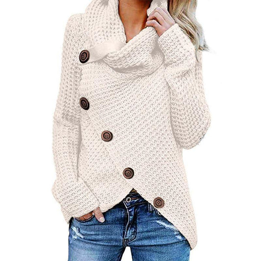 Women's sweaters with cowl neck and button wrap front, long sleeve