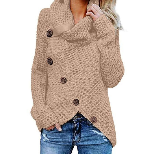 Women's sweaters with cowl neck and button wrap front, long sleeve
