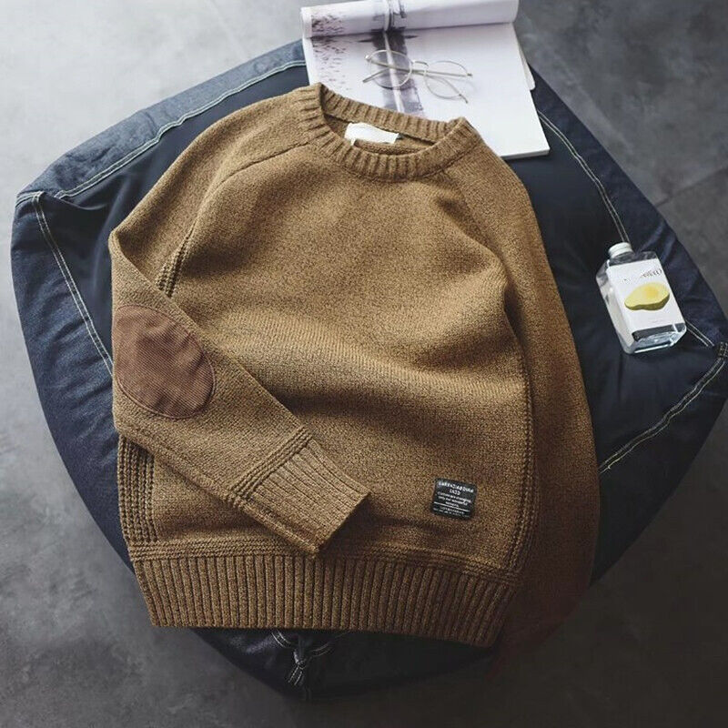 Crew neck sweater for men with elbow patches and ribbed trim