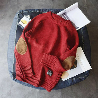 Crew neck sweater for men with elbow patches and ribbed trim