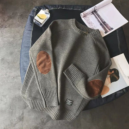 Crew neck sweater for men with elbow patches and ribbed trim