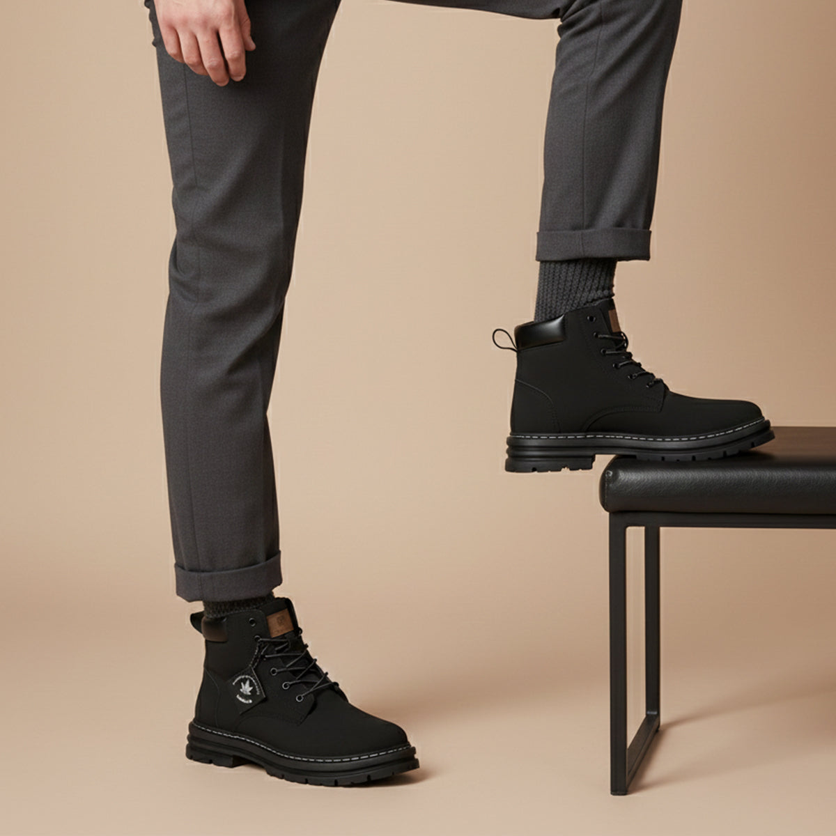 Men's boots with chunky lug sole, lace up ankle work boots